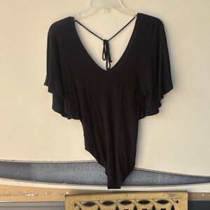 Maitai Elegant Black Flutter Sleeve Bodysuit